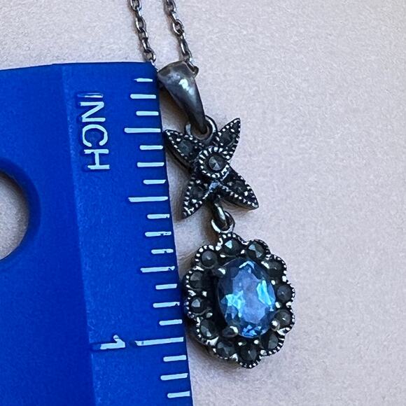 925 Sterling Silver Blue Quartz n Marcasite Flower Necklace 18" Chain dainty - Picture 5 of 7